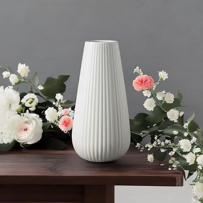 Luxury White Ceramic Vase, Modern Ribbed Fluted Design, Flower Vase for Home Decor, Cute Vase for Pampas Grass, Living Room, Dining Table, Farmhouse, Office, Bedroom, Kitchen Shelf