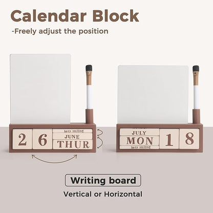 SELEAD Wooden Block Desk Calendar with Dry Erase White Board - Daily Desktop Perpetual Calendar Words Sign Quotes for Home Office Classroom Decor, Teachers Students - Brown