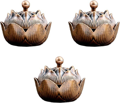 3 PCS Vintage Lotus Incense Holder for Stick and Cone Incense - Classical Brass Incense Burner Holder with Ash Catcher, Antique Censer for Home, Office, Meditation & Feng Shui Decor (Russet Bronze)
