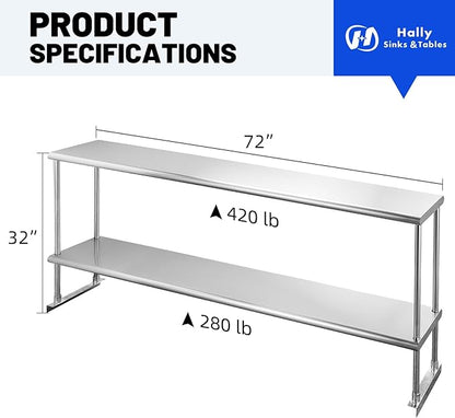 Hally Double Overshelf of Stainless Steel 12'' x 72'' Weight Capacity 420lb, Commercial 2 Tier Shelf for Prep & Work Table in Restaurant, Home or Kitchen