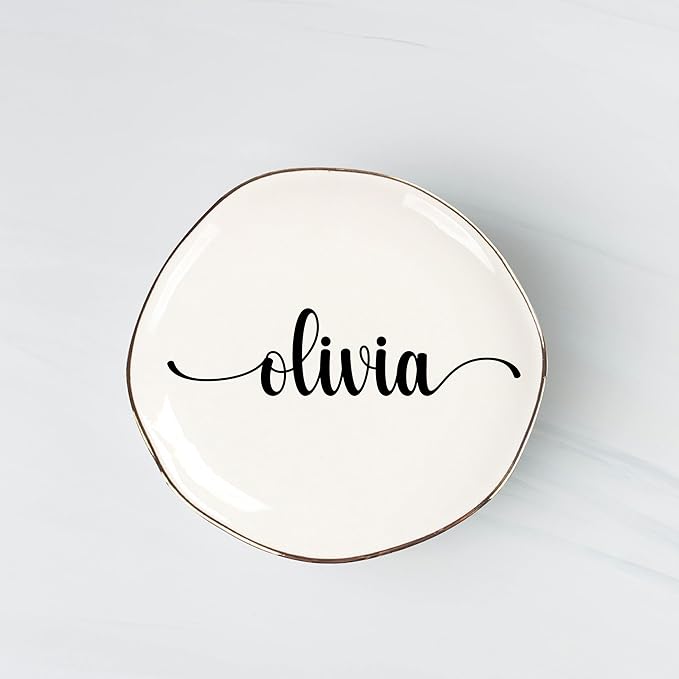 Personalized Ceramic Gold Trim Jewelry Tray Bridesmaid Wedding Engagement Gifts Jewelry Dish Decorative Trinket Custom Ring Dish With Name Couple Initials (Style A)