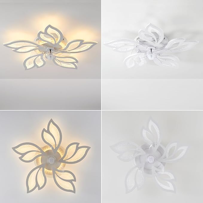 25" White Modern Geometric Ceiling Fan with Lights, 3 Light Color 6 Speeds Flush Mount Low Profile Ceiling Fan for Bedroom Kitchen