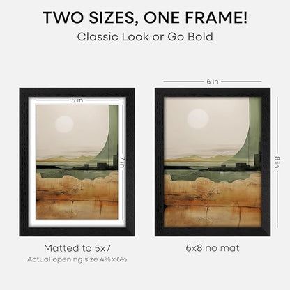 Homeforia 8x6 Black Wood Frame, High End Oak 6x8 Black Wooden Picture Frames with Mat 5x7 Art, 6 x 8 Frame Matted to 5 by 7 inch Photo, 6x8 Wall or Tabletop Frames, Tempered Glass, Wall Kit, Set of 2