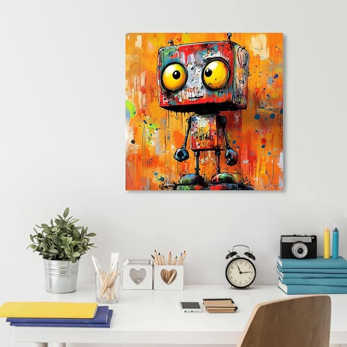 Vibrant Abstract Robot Wall Art Canvas Print Banksy Robot Posters Paintings for Boys Room Wall Decor Graffiti Street Wall Decoration Artwork Prints for Living Room Bedroom Home Office(14''x14'')