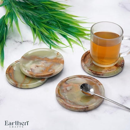 Marble Coasters Set of 4 for Drinks Green Onyx Handmade 4 Inches Stone Drink Coaster for Bar Accessories, Dining Table, Office Desk, Home Decor & Ideal