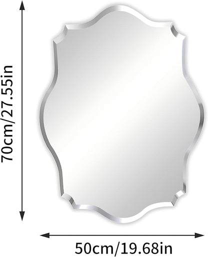 Frameless Scalloped Wall Mirror: Decorative Scallop Oval Mirrored Glass Vanity with Beveled Silver Edge for Bathroom Bedroom Livingroom Dining Room Entryway Hallway, 28 x 20 inch