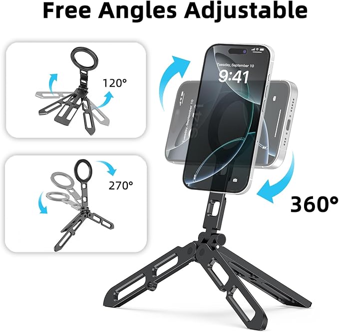 Magnetic Phone Tripod Stand Portable Cell Phone Holder Strong Magnet Mini Pocket Smartphone Mount Foldable Selfie Stick Tripod with 1/4" Screw Hole for iPhone 17 16 15 14 13