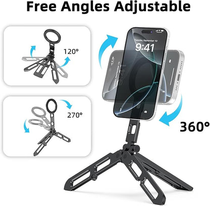 Magnetic Phone Tripod Stand Portable Cell Phone Holder Strong Magnet Mini Pocket Smartphone Mount Foldable Selfie Stick Tripod with 1/4" Screw Hole for iPhone 17 16 15 14 13