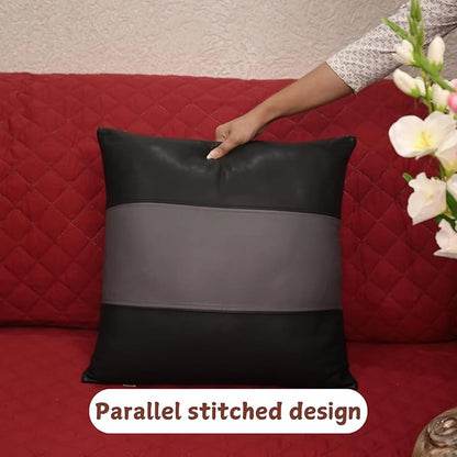 Lambskin Leather Pillow Cover - Sofa Cushion Case - Decorative Throw Covers for Living Room & Bedroom, 18x18 Inches - Black and Grey Plain Pack of 1