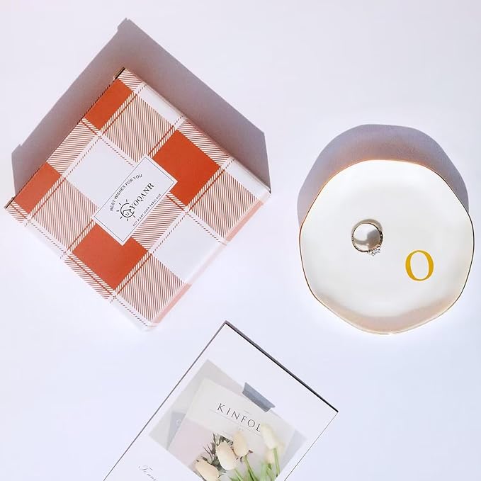 Ceramic Jewelry Tray Initial Ring Dish Personalized C-Monogrammed Engagement Wedding Gifts, for Birthday Mother's Day Christmas for Women, Ceramic White 4.75" (O)