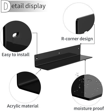 Sezanrpt 16 Inches Black Acrylic Wall Shelves 2 Pack, L Shape Floating Shelf, Acrylic Corner Shelf for Model Car, Candle, Calendar, Towel, Toiletries, Moisture-Proof, 4'' Depth