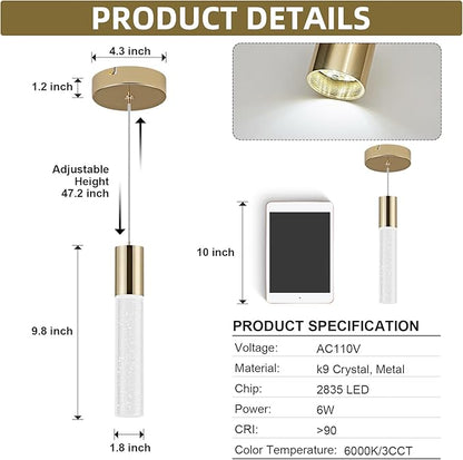 OKELI Modern Pendant Light, LED Bubble Crystal Kitchen Island Lights Fixtures,Mini Single Island Lights Pendant Lighting for Kitchen Island,Bar,6W,6000K,Gold