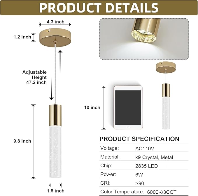 OKELI Modern Pendant Light,3 Color LED Bubble Crystal Island Light Fixtures,Gold Mini 3CCT Pendant Lighting for Kitchen Island,Bar,6W,3000-6000K,ETL(3 Pack