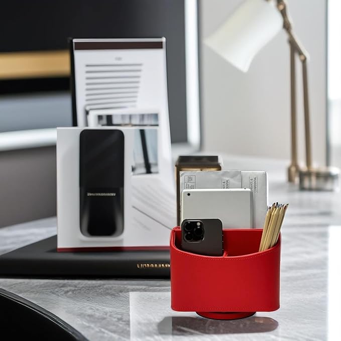 UnionBasic Rotating Desk Organizer, 360 Degree Desk Spinning Caddy, Desktop TV Guide/Mail/Media/Remote Controller Holder Organizer, Red