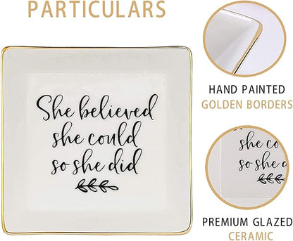 Jewelry Tray Ceramic Trinket Dish Ring Funny Birthday Gifts for Women Unique New Job Spiritual Congratulations Gift Best Friend Mom Friendship Office Decor,She Believed She Could So She Did