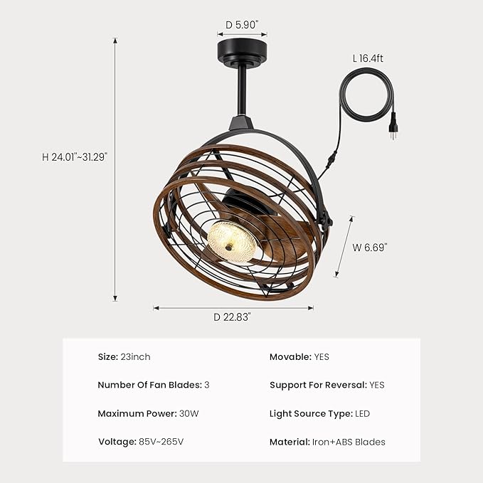 CROSSIO Outdoor Ceiling Fan with Lights, 23‘’ Waterproof Gazebo Fan with Remote Control Smart App, Plug in Caged Ceiling Fan for Patios, Pergola Porch