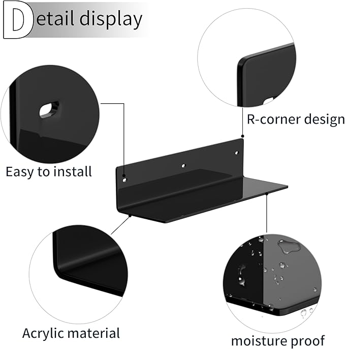 Sezanrpt 12 Inches Black Wall Shelves Set of 2, Acrylic Bathroom Shelves Wall Mounted for Home Décor, Plants, Cosmetics, Skincare, Moisture-Proof, 4'' Depth, 2 Pack