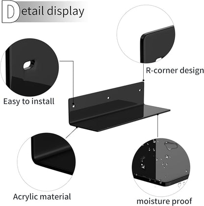 Sezanrpt 12 Inches Black Wall Shelves Set of 2, Acrylic Bathroom Shelves Wall Mounted for Home Décor, Plants, Cosmetics, Skincare, Moisture-Proof, 4'' Depth, 2 Pack