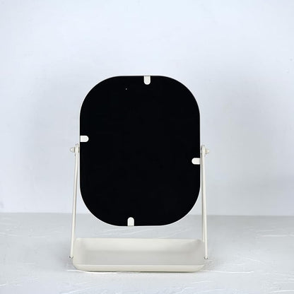 Rotating Metal Makeup Mirror with Storage, Vanity Mirror for Desk, Bathroom, Bedroom, Dressing Table (White)