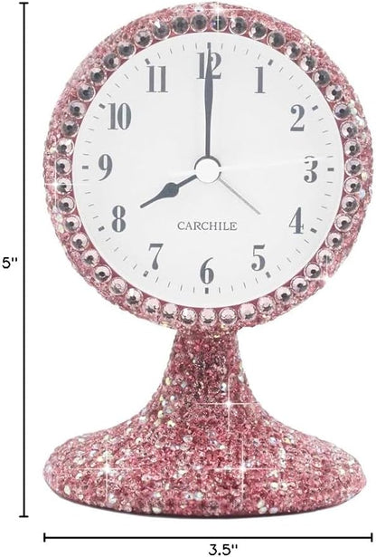 Luxury Rhinestone Small Alarm Desk Table Clock Morning Call Handmade Fashion Design for Bedroom Houseroom Living Room Cute As Gift AR (Pink)