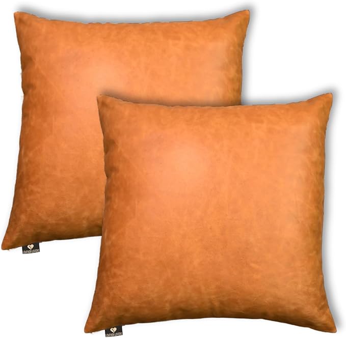 LL LEATHER LOVERS Genuine Lambskin Leather Pillow Cover, 18x18 Inch Case for Lumbar Throw Couch Pillows, Thick & Soft Cushion Covers for Sofa Bed Home Décor (Caramel Brown Pack of 2)
