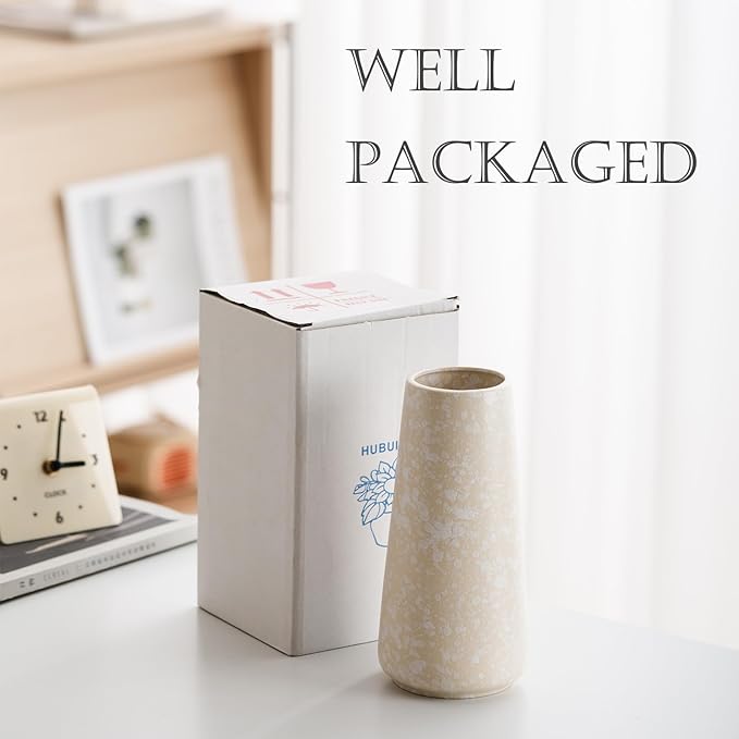 Beige Vase - 8" White Textured Vase, Pampas vase, Boho Rustic Vases for Home Decor, Farmhouse Decor, Minimalist Cream Modern Flower vases for Centerpieces, Living Room, Bedroom