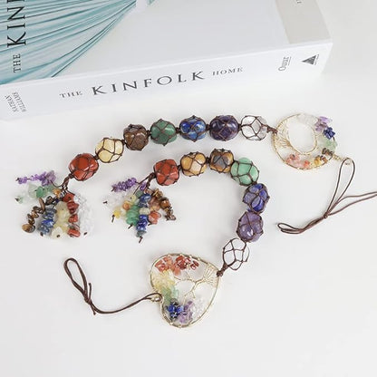 2 Pieces of 7 Chakras Healing Crystals and Tree of Life Wall Hanger Tumbled Gemstones Meditation Hanging Ornament Christmas Tree Memorial Hanging Pendant (Style 4)