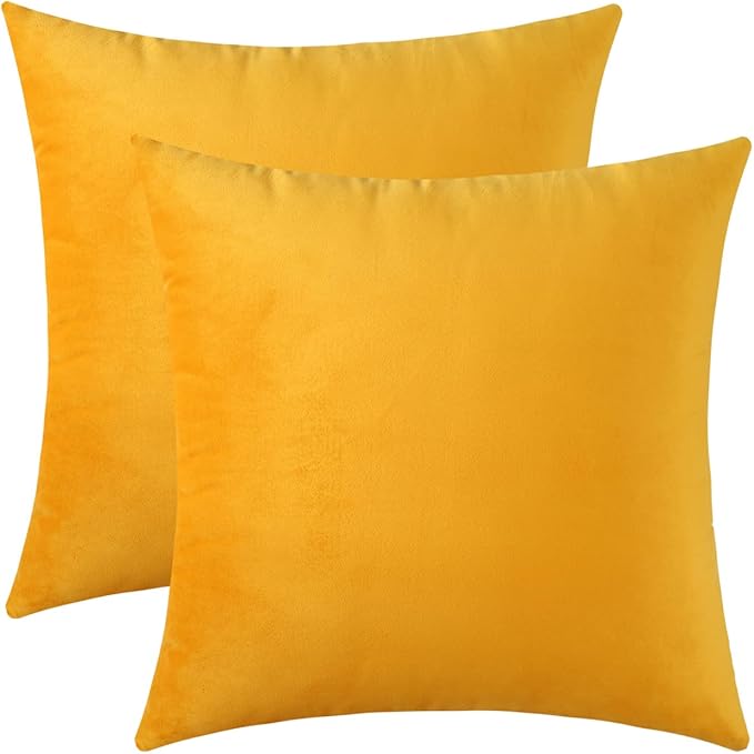 mixeoo Comfy Mustard Yellow Throw Pillow Covers Decorative Square Solid Thick Velvet Super Soft Cushion Cases Home Decor for Sofa Couch Living Room Chair, Set of 2, 18 x 18 Inch