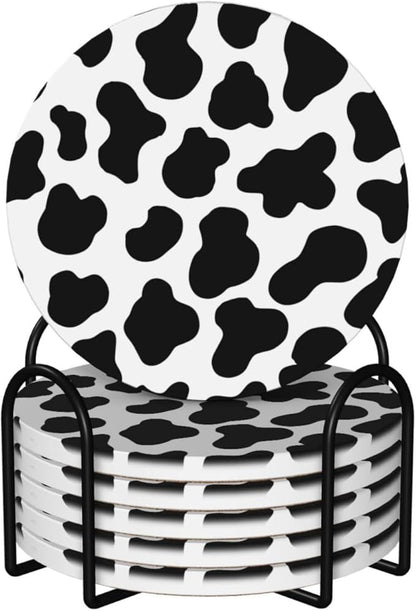 6 Pcs Ceramic Coasters with Holder Absorbent Drink Round Animal Cow White Black Spot Design for Home Table Coffee Cup Wine Beer Bar,Size 4.4 inches
