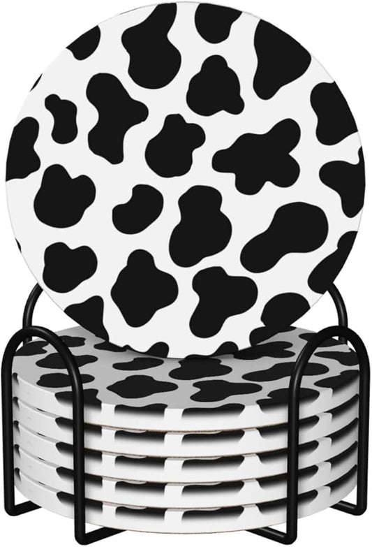 6 Pcs Ceramic Coasters with Holder Absorbent Drink Round Animal Cow White Black Spot Design for Home Table Coffee Cup Wine Beer Bar,Size 4.4 inches
