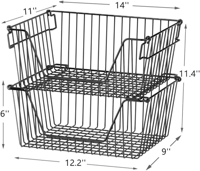 Slideep 14'' Black Stackable Storage Baskets Sturdy Metal Wire Freezer Bins Cabinet Organizer for Pantry Home Bathroom Kitchen Organization- Set of 2