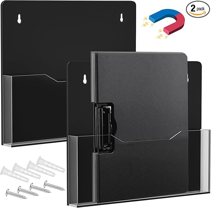 ZHIDIAN Acrylic Magnetic Wall File Organizer - Clear Black Acrylic Hanging Wall File Holder, Wall Mount Folder Mail Document Holder for Office, Fridge, Whiteboard, 2Pack
