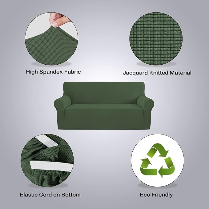 H.VERSAILTEX Stretch Cover for Couch Soft Furniture Covers Slip Covers for 3 Cushion Couch Sofa Feature Thick Checked Jacquard Fabric with Elastic Bottom, Sofa Large - Bronze Green