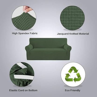 H.VERSAILTEX Stretch Cover for Couch Soft Furniture Covers Slip Covers for 3 Cushion Couch Sofa Feature Thick Checked Jacquard Fabric with Elastic Bottom, Sofa Large - Bronze Green