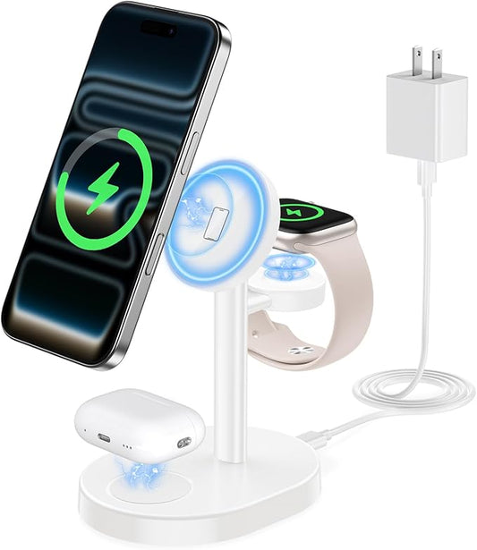 2025 3 in 1 Wireless Charging Station for Apple MagSafe Charger, 15W Fast Mag-Safe Charger Stand for iPhone 17 16 15 14 13 12 Apple Watch AirPods Compatible with MagSafe, White