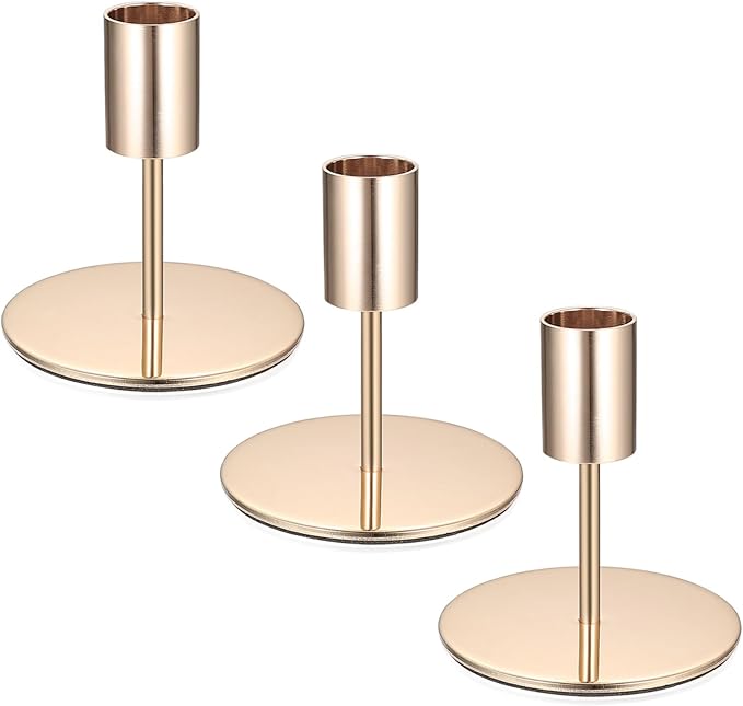 3 Pcs Gold Taper Candle Holders, Gold Candlestick Holderss, Candle Sticks Holder Decor for Mantel Centerpiece Fireplace Wedding Dinning Party Home Cabinet Table Decor(3.3 inch Height)