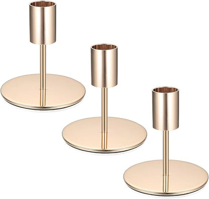 3 Pcs Gold Taper Candle Holders, Gold Candlestick Holderss, Candle Sticks Holder Decor for Mantel Centerpiece Fireplace Wedding Dinning Party Home Cabinet Table Decor(3.3 inch Height)