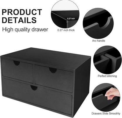Bamboo Desk Organizer with 3 Drawers, Countertop Organizer with Drawers Makeup Storage Drawer 3 Drawer Tabletop Storage Organization Box Home Office Workspace（Black）
