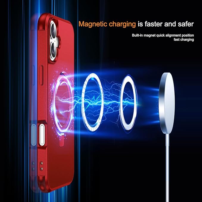 Compatible with iPhone 16 Case with Invisible Magnetic O-Ring Stand Military-Grade Case for iPhone 16 6.1" [Compatible with Mag-Safe][Great Grip Feeling], Red