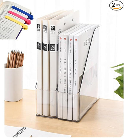Acrylic Magazine Holder, 2PCS File Magazine & Book Storage Rack for Office Desk, Clear Book Organizer with 3pcs Silicone Automatic Bookmarks (2)