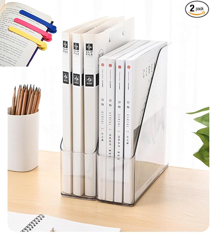 Acrylic Magazine Holder, 2 PCS File Magazine & Book Storage Rack for Office Desk, Clear Book Organizer with 3pcs Silicone Automatic Bookmarks