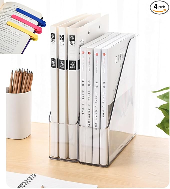 Acrylic Magazine Holder, 4 PCS File Magazine & Book Storage Rack for Office Desk, Clear Book Organizer with 3pcs Silicone Automatic Bookmarks (4)
