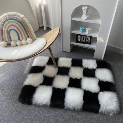 Fluffy Faux Fur Black and White Checkered Rug，Small Area Rug,2x4 Ft Ultra Soft Shaggy Plush Rug for Bedroom Living Room Bedside Nursery Kids Room