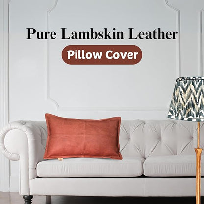 100% Lambskin Leather Pillow Cover - Sofa Cushion Case - Decorative Throw Covers for Living Room & Bedroom, 10X18 Inch - Light Brown Crunch Box Pack of 2
