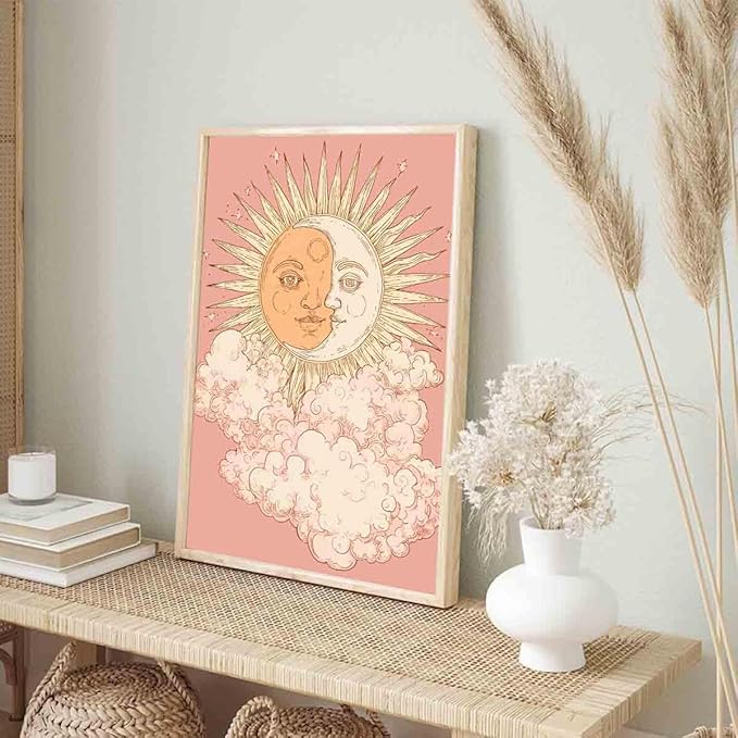Sun And Moon Wall Art Celestial Canvas Tarot Poster Astrology Picture Sun And Moon Pictures Boho Aesthetic Canvas Mystical Astrology Painting Pink Aesthetics Abstract Room Decor 16x24inch No Frame