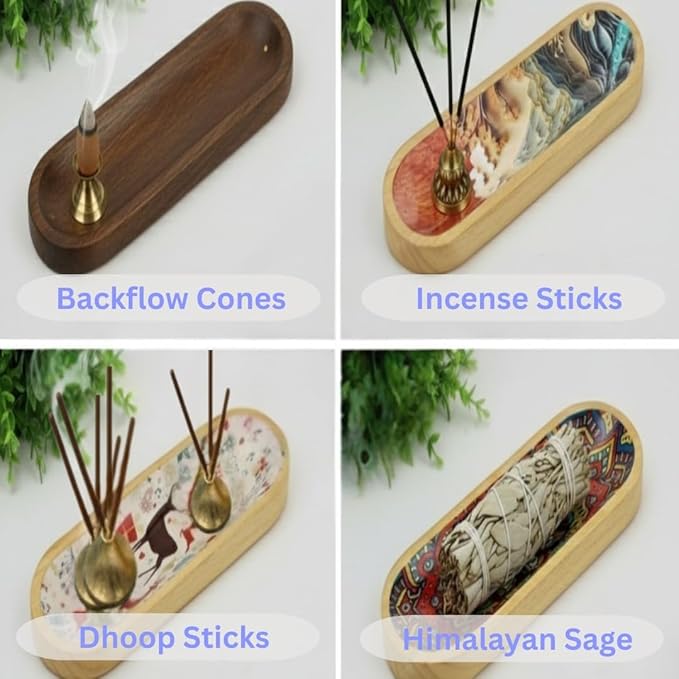 Bless-International Traditional-Handmade-Tray-Burner Wooden-Trat-Incense-Stick-Holder Ash-Catcher-Stand for-Aromatherapy-Meditation-Yoga (Abstract Flowers, 11x4x1.22 Inches)