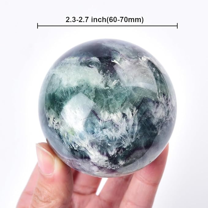 JIC Gem Natural Feather Fluorite Crystal Ball Round Healing Crystals Decorative Sphere with Wooden Stand Meditation Home Decor 2.3-2.7 inch (60-70mm)