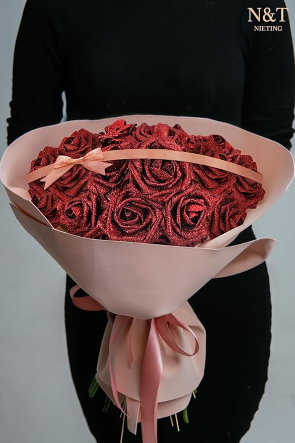 N&T NIETING Artificial Flowers Glowing Red Flowers Foam 25pcs Glitter Roses Real Looking Fake Roses with Stem for Valentine's Day DIY Wedding Bouquets Centerpieces Bridal Shower Party Home Decorations