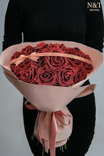N&T NIETING Artificial Flowers Glowing Red Flowers Foam 25pcs Glitter Roses Real Looking Fake Roses with Stem for Valentine's Day DIY Wedding Bouquets Centerpieces Bridal Shower Party Home Decorations
