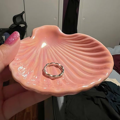 3.9" Shell-Shaped Ceramic Ring Dish - Pink Iridescent Surface Jewelry Tray, Decorative Trinket Organizer for Rings, Earrings, Necklaces & Keys - Ideal for Mom, Friend, Sister